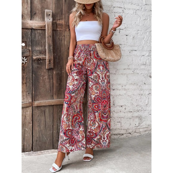 high waisted boho Paisley Print Wide Leg Pants 70s red - Picture 1 of 11